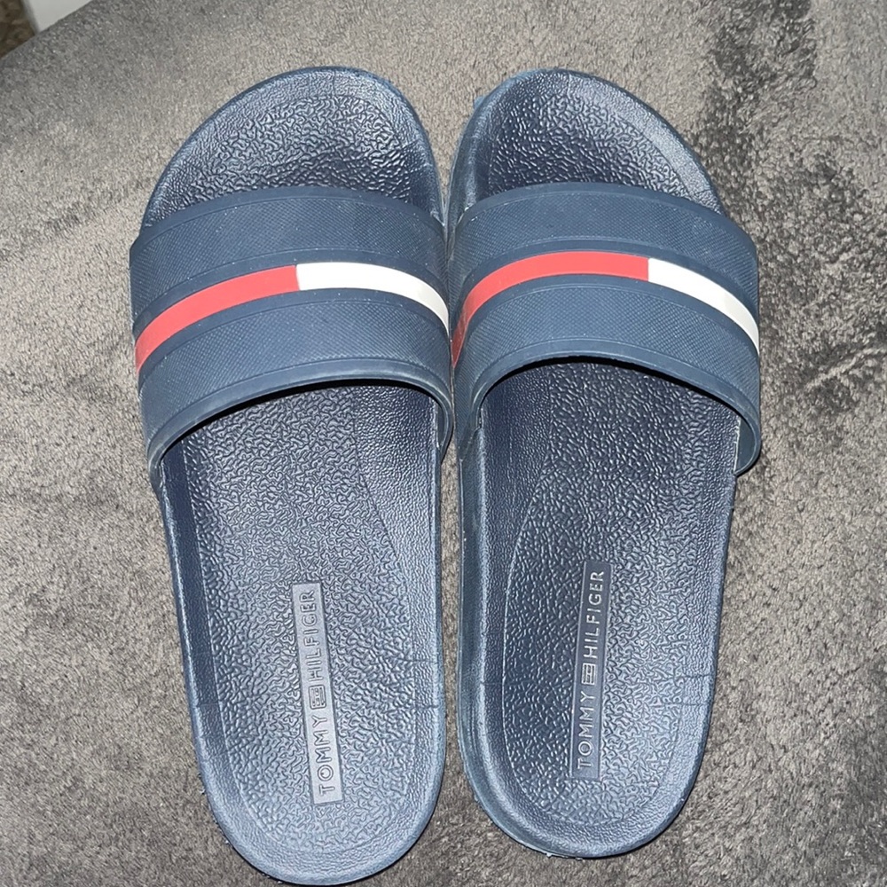 Tommy Hilfiger blue, red, and white slides.